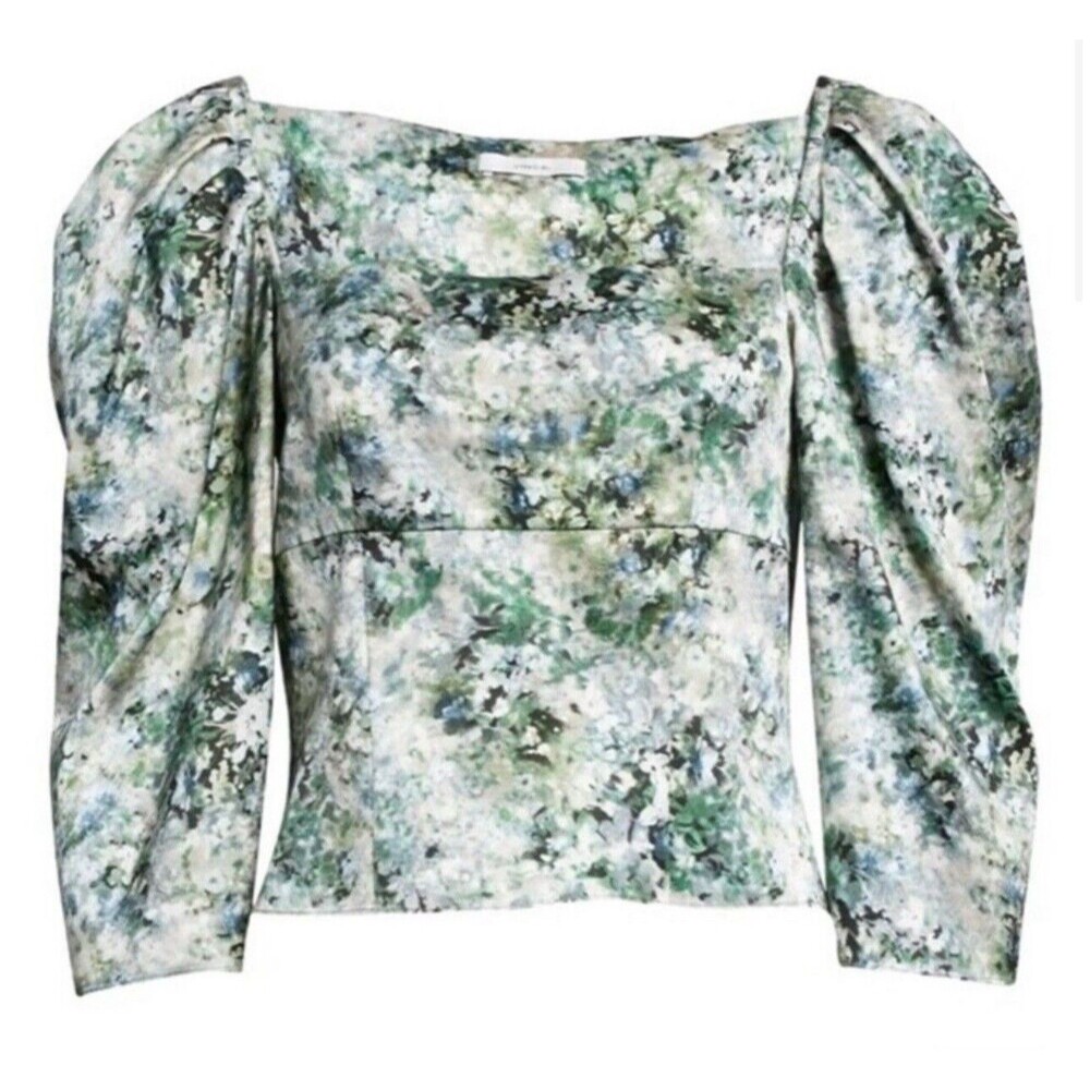 VINCE Green Floral Square Neck Puff Sleeve Satin Top Sz 4 New